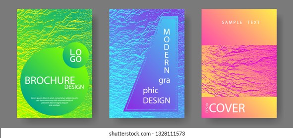 Flyer poster vector graphic design set. Pink blue green rainbow waves textures. Modern poster, cover or flyer templates. Buoyant wavy flux background pattern. Advertising banner or covers.