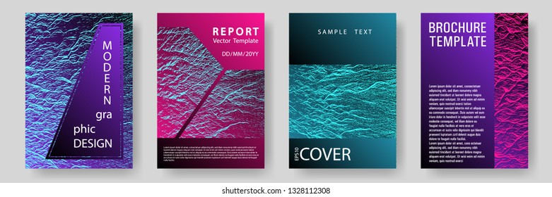 Flyer poster vector graphic design set. Pink blue purple synthwave textures. Flat geometric cover leaflets. Liquid rippling motion background pattern. Modern poster, cover or flyer templates.