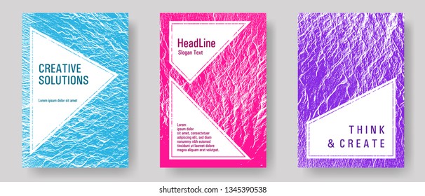 Flyer poster vector graphic design set. Teal pink purple waves texture backdrops. Tect newsletter cover templates. Modern poster, cover or flyer templates. Buoyant wavy flux background pattern.