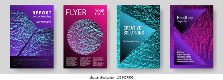 Flyer poster vector graphic design set. Pink blue purple synthwave textures. Liquid rippling motion background pattern. Covers with headline sample text. Modern poster, cover or flyer templates.