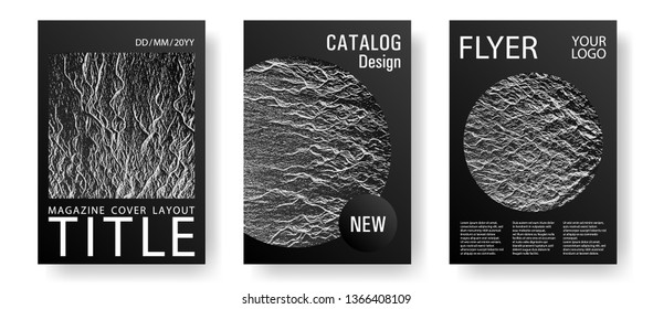 Flyer poster vector graphic design set. Black and white waves texture backdrops. Buzzing rippling motion background texture. Presentation slides cover pages. Modern poster, cover or flyer templates.