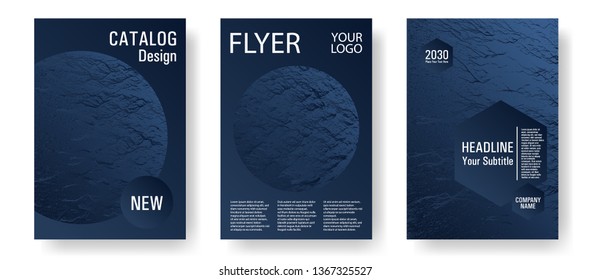 Flyer poster vector graphic design set. Dark blue and black waves texture. Modern poster, cover or flyer templates. Liquid rippling motion background pattern. Branding profile cover samples.