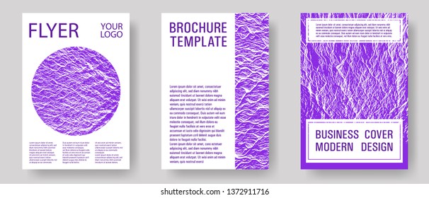 Flyer poster vector graphic design set. Proton purple color waves textures. Tect newsletter cover templates. Modern poster, cover or flyer templates. Buoyant wavy flux background pattern.