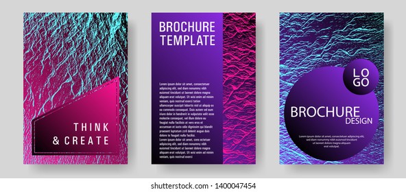 Flyer poster vector graphic design set. Pink blue purple synthwave textures. Liquid rippling motion background pattern. Modern poster, cover or flyer templates. Minimal cover page concepts.