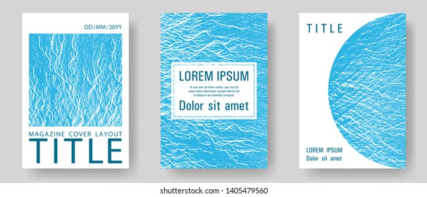 Flyer poster vector graphic design set. Blue sea water waves texture backdrops. Modern poster, cover or flyer templates. Company strategy book covers. Liquid rippling motion background pattern.