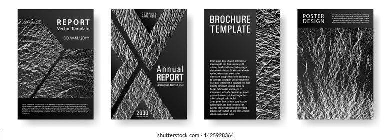 Flyer poster vector graphic design set. Black and white waves texture backdrops. Buoyant wavy flux background pattern. Research development plan covers. Modern poster, cover or flyer templates.