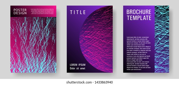 Flyer poster vector graphic design set. Pink blue purple synthwave textures. Modern poster, cover or flyer templates. Creative publication cover pages. Liquid rippling motion background pattern.