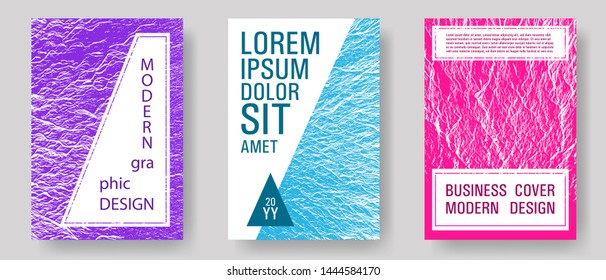 Flyer poster vector graphic design set. Teal pink purple waves texture backdrops. Buoyant wavy flux background pattern. Tect newsletter cover templates. Modern poster, cover or flyer templates.