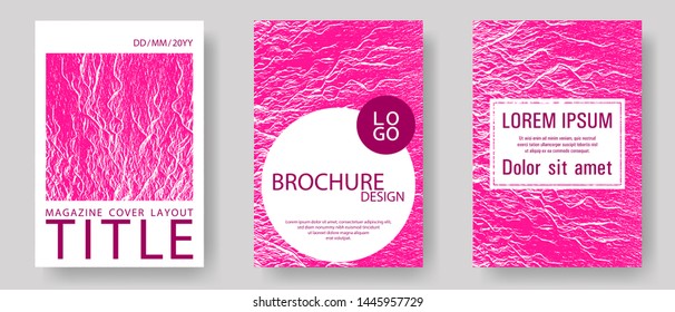 Flyer poster vector graphic design set. Plastic pink color waves textures. Buzzing flux ripple movement background. Modern poster, cover or flyer templates. Covers with headline sample text.
