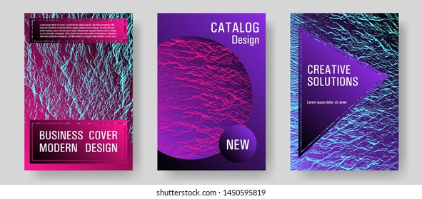 Flyer poster vector graphic design set. Pink blue purple synthwave textures. Fluid buzzing wavy noise ripple texture. Modern poster, cover or flyer templates. Covers with headline sample text.