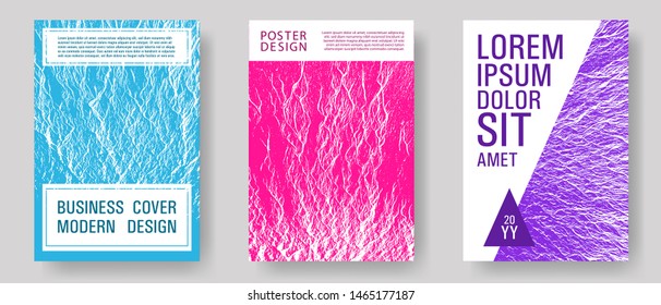 Flyer poster vector graphic design set. Teal pink purple waves texture backdrops. Fluid buzzing wavy noise ripple texture. Modern poster, cover or flyer templates. Tect newsletter cover templates.