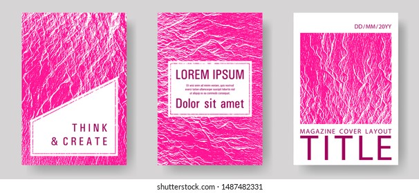 Flyer poster vector graphic design set. Plastic pink color waves textures. Modern poster, cover or flyer templates. Corporate finance book cover. Buoyant wavy flux background pattern.