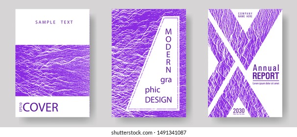 Flyer poster vector graphic design set. Proton purple color waves textures. Modern poster, cover or flyer templates. Tect newsletter cover templates. Buoyant wavy flux background pattern.