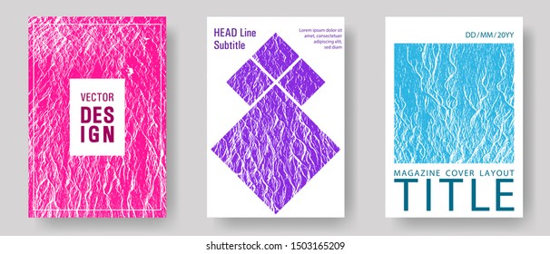 Flyer poster vector graphic design set. Teal pink purple waves texture backdrops. Buzzing flux ripple movement background. Modern poster, cover or flyer templates. Advertising banner or covers.