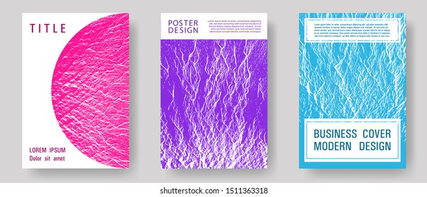 Flyer poster vector graphic design set. Teal pink purple waves texture backdrops. Liquid rippling motion background pattern. Corporate finance book cover. Modern poster, cover or flyer templates.