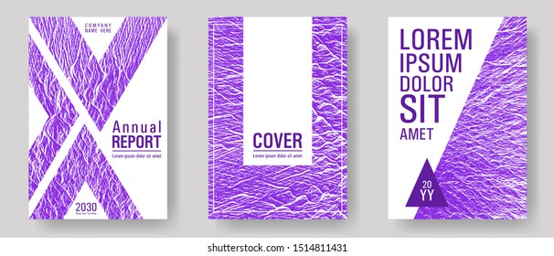 Flyer poster vector graphic design set. Proton purple color waves textures. Buzzing flux ripple movement background. Geometric creative solutions. Modern poster, cover or flyer templates.