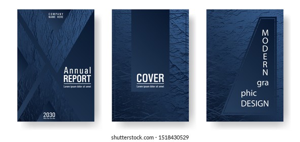 Flyer poster vector graphic design set. Dark blue and black waves texture. Flat geometric cover leaflets. Modern poster, cover or flyer templates. Liquid rippling motion background pattern.