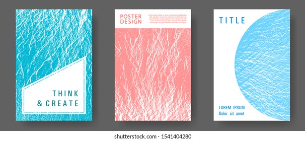 Flyer poster vector graphic design set. Blue, teal and coral color waves texture. Modern poster, cover or flyer templates. Company strategy book covers. Liquid rippling motion background pattern.