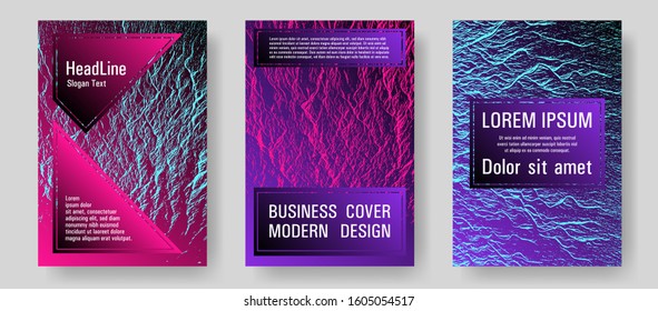 Flyer poster vector graphic design set. Pink blue purple synthwave textures. Buzzing flux ripple movement background. Geometric creative solutions. Modern poster, cover or flyer templates.