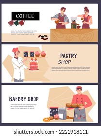 Flyer oder Plakate für Backofen und Kuchenladen. Bäckereien und Kaffeehäuser, Süßwarenbanner-Vorlagen, flache Cartoon-Vektorgrafik.