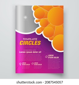 Flyer print Circles 3d flying perspective figure design template Cover Geometric cylinders theme violet and orange color, block for image, vector 