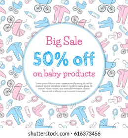 Flyer, promo, invitation or greeting card design template. Seamless pattern with items for newborn. Pattern is already in swatches.