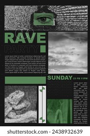 Flyer of rave party template. With halftone elements eye and sky and Iguannas and snake. Green and black colors. Grunge trendy collage design. Vector art