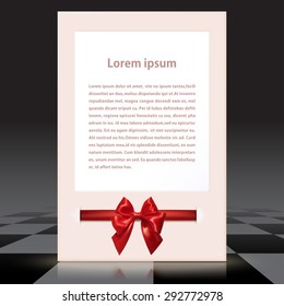 Flyer with red satin bow on the chess background.  Congratulations. Vector illustration.