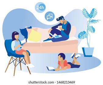 Flyer Remote Collaboration in Call Center Flat. Ability to Learn Quickly and Striving to Achieve Goal. Father Works with Phone and Laptop While Sitting at Home, Children are Reading Next to him. 