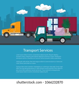 Flyer of Road Transport and Logistics, Cargo Truck and Lorry with Furniture go on the Road, Shipping and Freight of Goods, Poster Brochure Design, Vector Illustration
