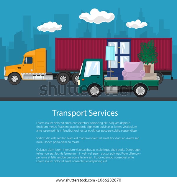 Flyer of Road\
Transport and Logistics, Cargo Truck and Lorry with Furniture go on\
the Road, Shipping and Freight of Goods, Poster Brochure Design,\
Vector Illustration