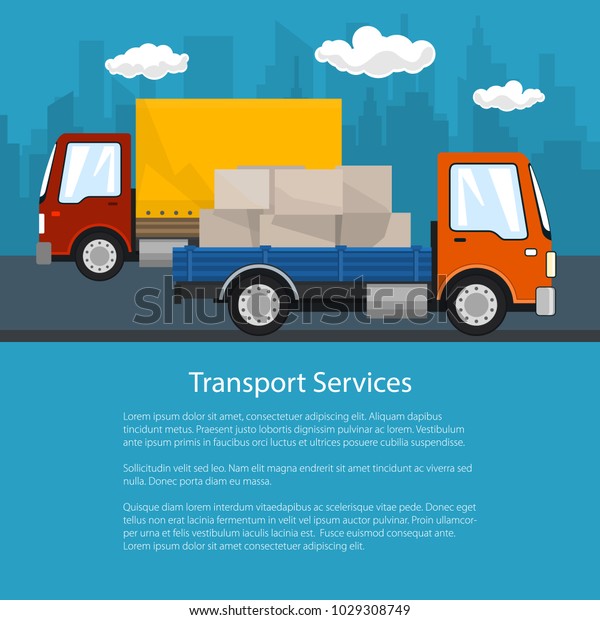 Flyer of Road\
Transport and Logistics, Small Covered Truck and Cargo Van with\
Boxes go on the Road, Shipping and Freight of Goods, Poster\
Brochure Design, Vector\
Illustration