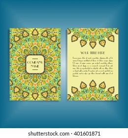 Flyer with round green and orange mandala pattern and ornament. Oriental flyer mock-up, floral card design layout template. Size A5. Front and back sides. Editable and movable objects. EPS 10.