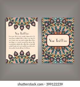 Flyer with round mandala pattern and ornament. Oriental flyer mock-up, floral card design layout template. Size A5. Front and back sides. Editable and movable objects. EPS 10.