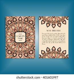 Flyer with round orange mandala pattern and ornament. Oriental flyer mock-up, floral card design layout template. Size A5. Front and back sides. Editable and movable objects. EPS 10.