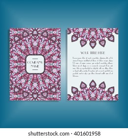 Flyer with round pink and blue mandala pattern and ornament. Oriental flyer mock-up, floral card design layout template. Size A5. Front and back sides. Editable and movable objects. EPS 10.