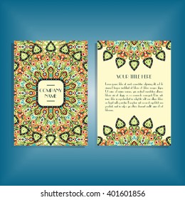 Flyer with round red and green mandala pattern and ornament. Oriental flyer mock-up, floral card design layout template. Size A5. Front and back sides. Editable and movable objects. EPS 10.