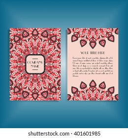 Flyer with round red and pink mandala pattern and ornament. Oriental flyer mock-up, floral card design layout template. Size A5. Front and back sides. Editable and movable objects. EPS 10.