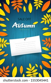 Flyer Sale Autumn yellow foliage. Background blue dark color. Discount your shop