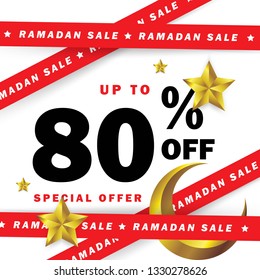 Flyer, Sale, discount, label or banner occasion of Ramadan Kareem and Eid Mubarak Celebration with ribbons