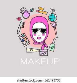 Flyer sale on cosmetics. Icon services of stylist and makeup artist. Logo trendy salon. A woman, around which hand drawn blush, brush, perfume, lipstick. Vector illustration