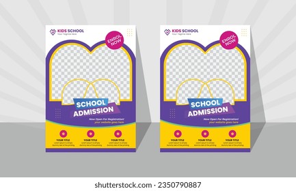 Flyer for school admissions. design set for a return to school flyer. Flyer for the back-to-school admissions promotion. school admission flyer template in shades of green, purple, and yellow.