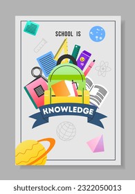 Flyer with school supplies. A4 poster with backpack and stationery, textbook and ruler. Colorful banners on theme of education and science, teaching and learning. Cartoon flat vector illustration