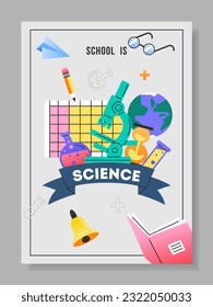 Flyer with school supplies. Colorful poster with periodic table and chemical experiments, microscope and tubes. A4 banner with chemistry, science, education and study. Cartoon flat vector illustration