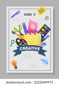 Flyer with school supplies. Poster with art stationery, palette and paints, sketchbook and brushes. A4 banner of drawing and education, creativity and learning. Cartoon flat vector illustration