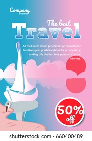 Flyer with sea, sunset and boat. Vector illustration