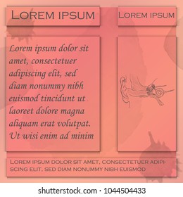 Flyer for Seminars with Four Blocks for Text and Block with Hand Drawn External Ear. Blocks Pointed Out with Shadows. Flyer Decorated with Gradients and Watercolor Textures. Human Anatomy Vector