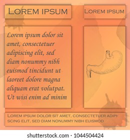 Flyer for Seminars or Workshops with Four Blocks for Text and Block with Hand Drawn Stomach. Blocks Pointed Out with Shadows. Flyer Decorated with Gradients and Watercolor Textures.