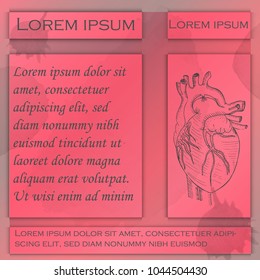 Flyer for Seminars or Workshops with Four Blocks for Text and Block with Hand Drawn Heart. Blocks Pointed Out with Shadows. Flyer Decorated with Gradients and Watercolor Textures. Human Anatomy Vector