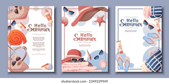 Flyer set with beach accessories.. Poster with wicker bag, hat, glasses and cream. Summer vacation, beach vibe, relaxation. Banner, poster, A4 postcard for advertising